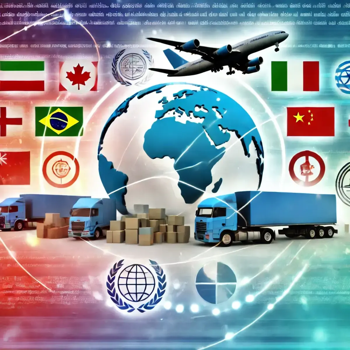 "Global trade and international logistics concept – an illustration featuring a cargo ship, airplane, and trucks representing different transportation modes, with legal documents and country flags highlighting compliance with import and export laws."