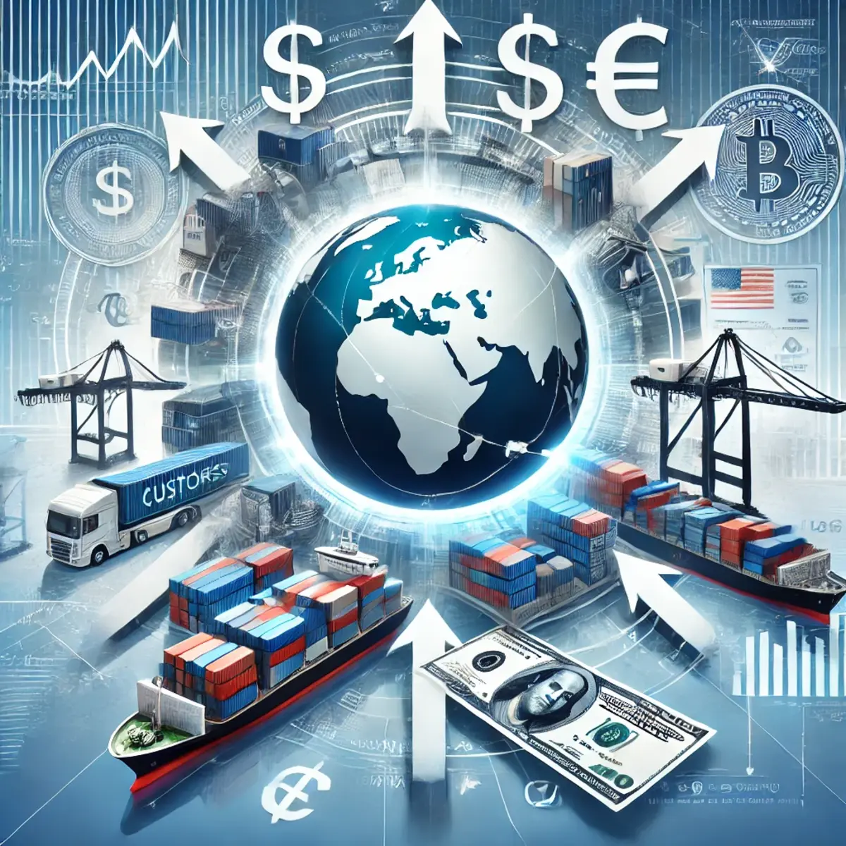 A polished illustration showing international trade regulations with a globe, shipping containers, cargo ships, customs documents, and trade routes connecting continents.