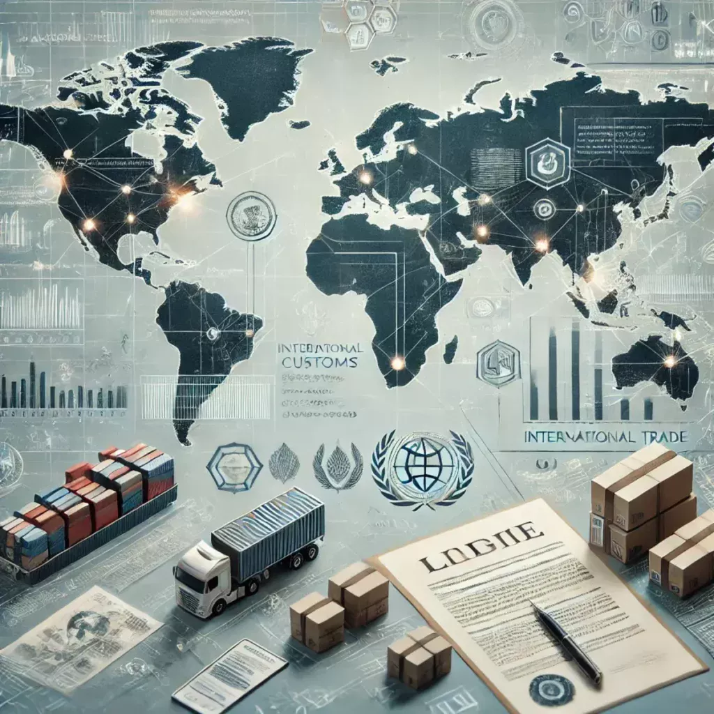 A sleek illustration depicting a world map with trade routes, shipping containers, customs-stamped documents, and legal symbols symbolizing trade compliance and regulations.