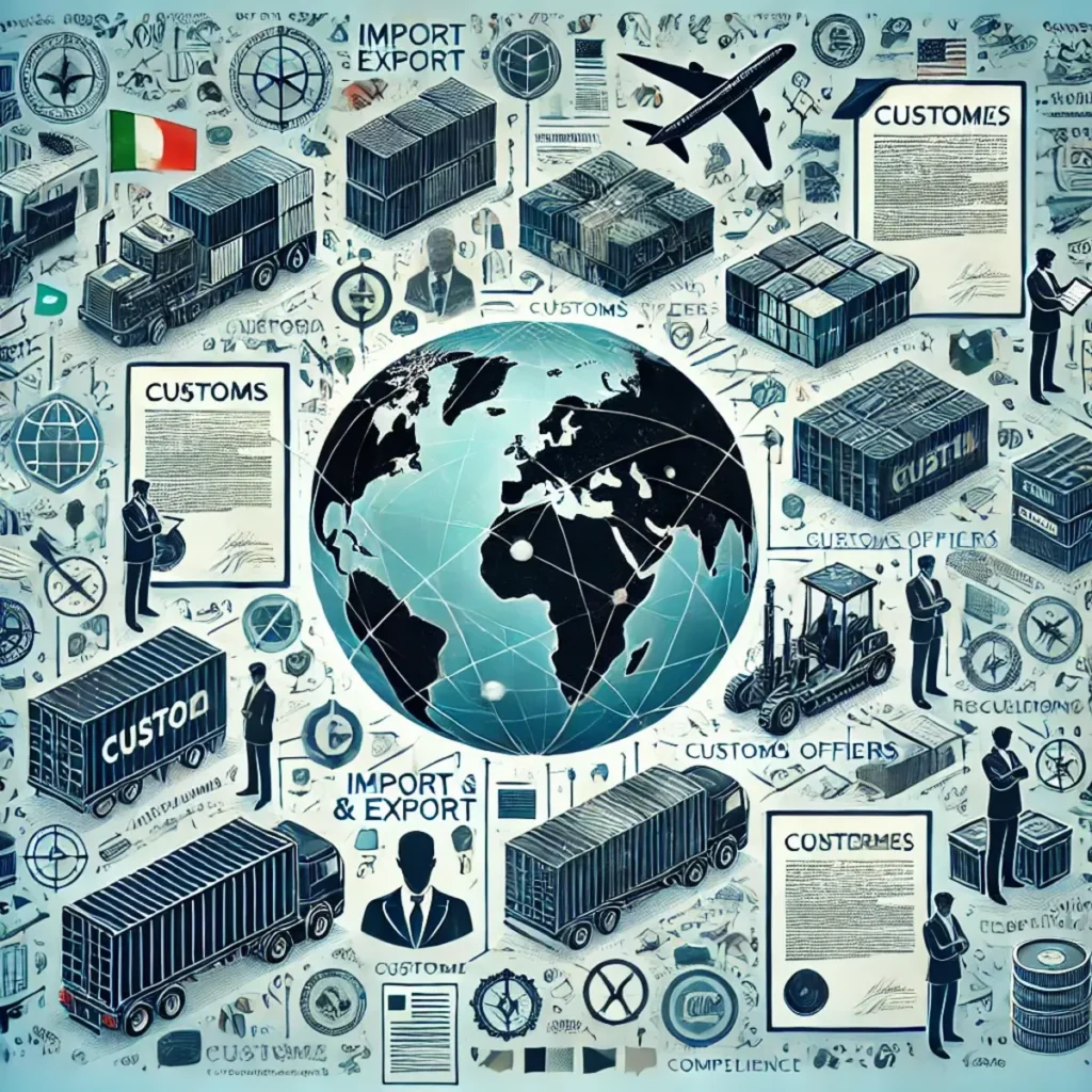 "Illustration of the complexity of international import and export laws, showing interconnected trade routes, cargo containers, customs officers, legal documents, and a globe with multiple country flags."

