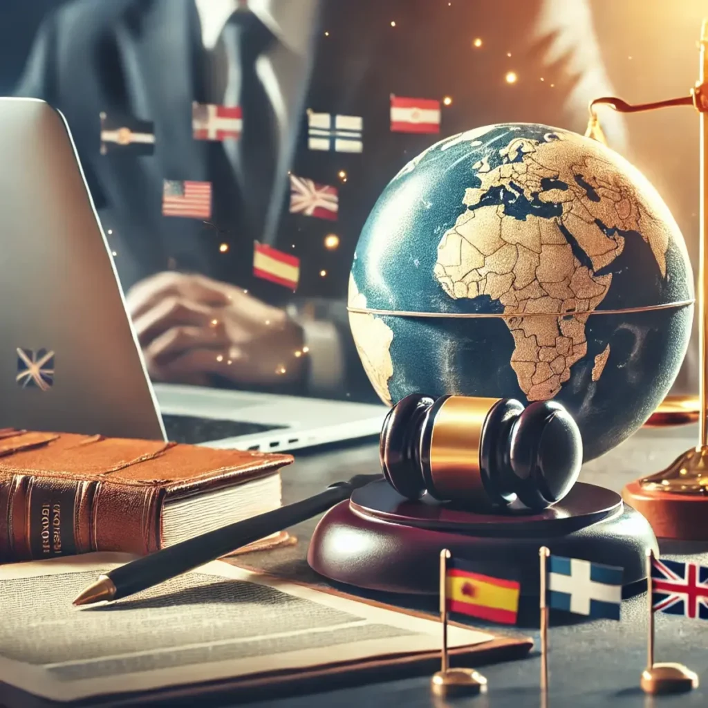 International Business Law representation with a globe, legal contracts, flags of different countries, and a laptop.