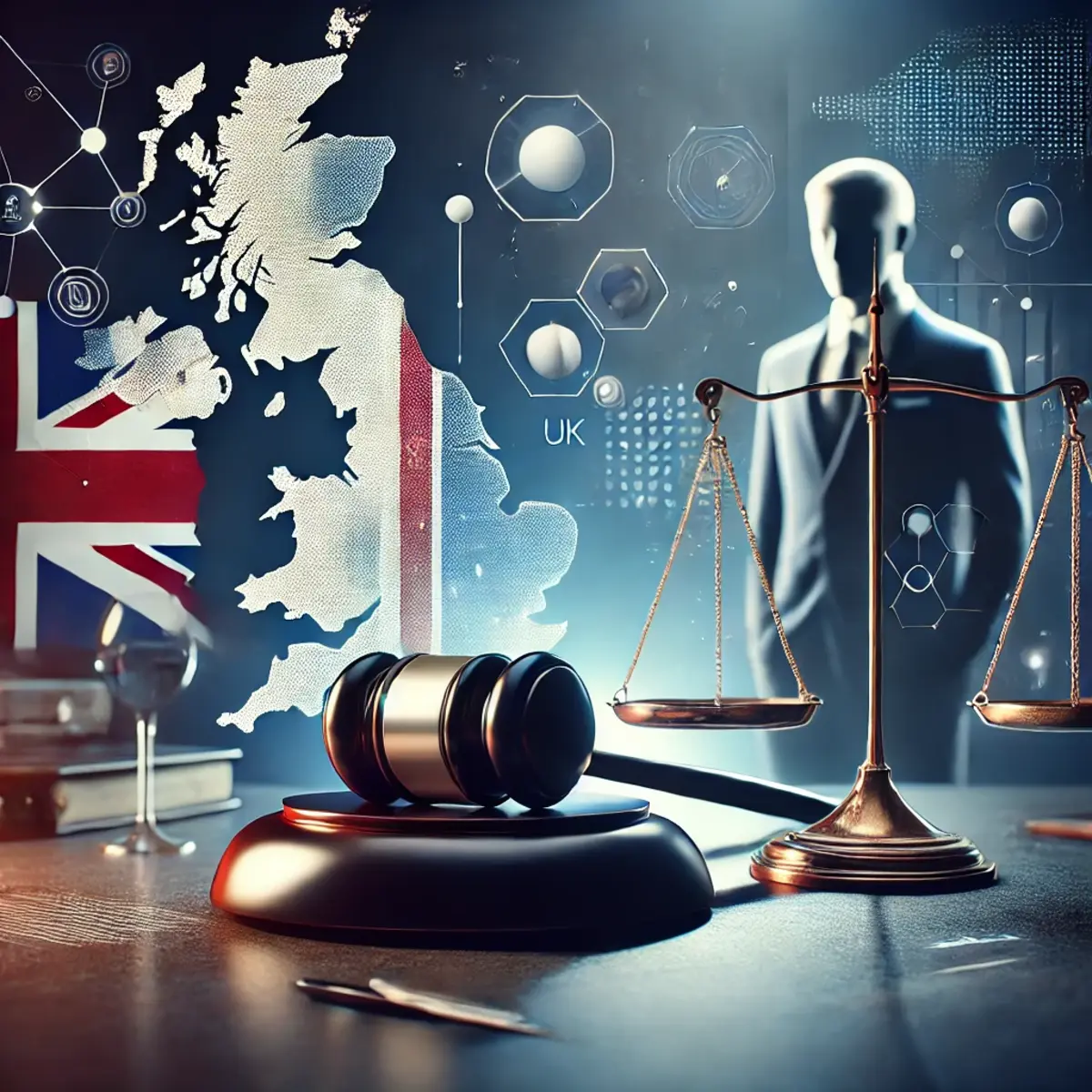 Professional image with a gavel, legal scale, and UK flag representing the process of finding the best criminal lawyer in the UK.